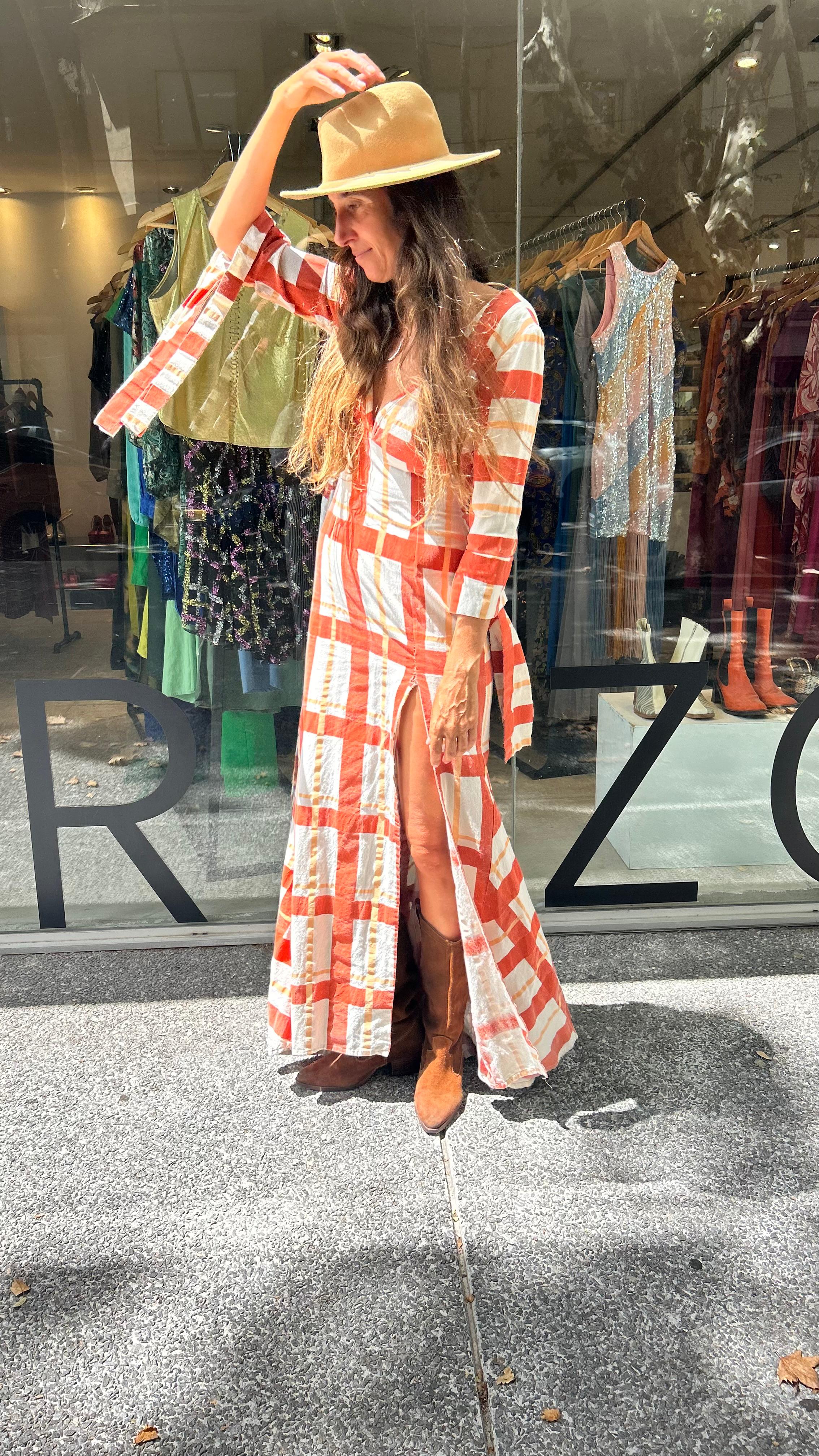 Vestido Bolazo Cudriculado Rojo/Salmon