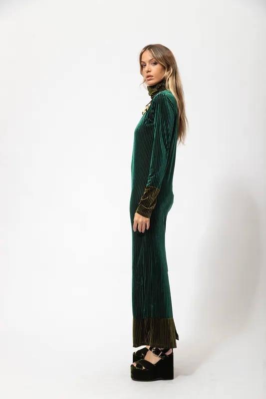 Vestido Larga Cuello Alto Velvet lineas Verdes WEILI ZHENG