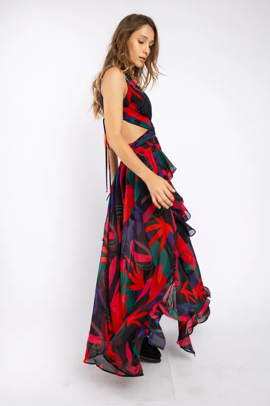 Vestido Cut out Negro/Rojo Estampado