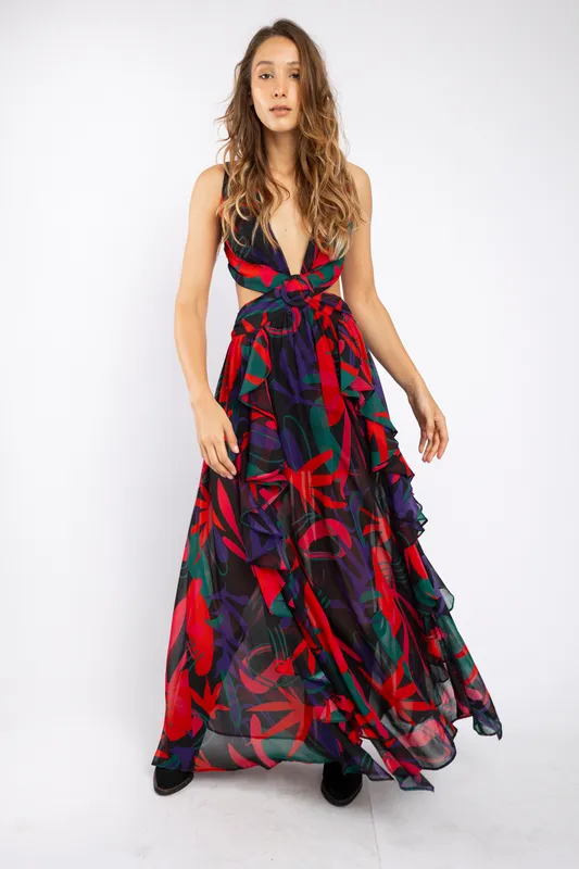 Vestido Cut out Negro/Rojo Estampado