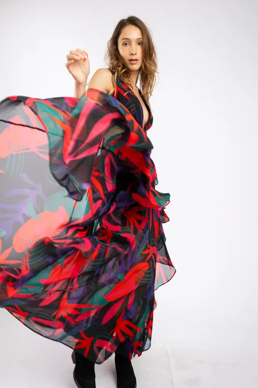 Vestido Cut out Negro/Rojo Estampado