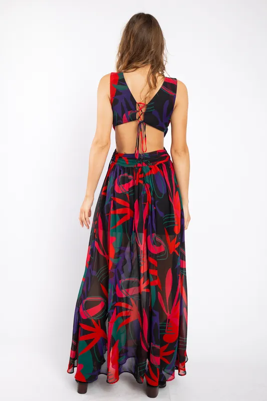 Vestido Cut out Negro/Rojo Estampado