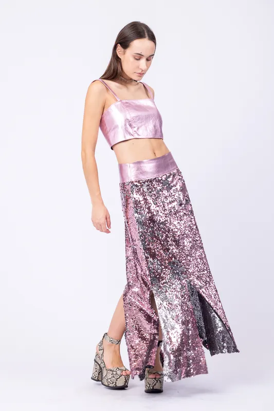 falda agnes lentejuelas rosa metalizada