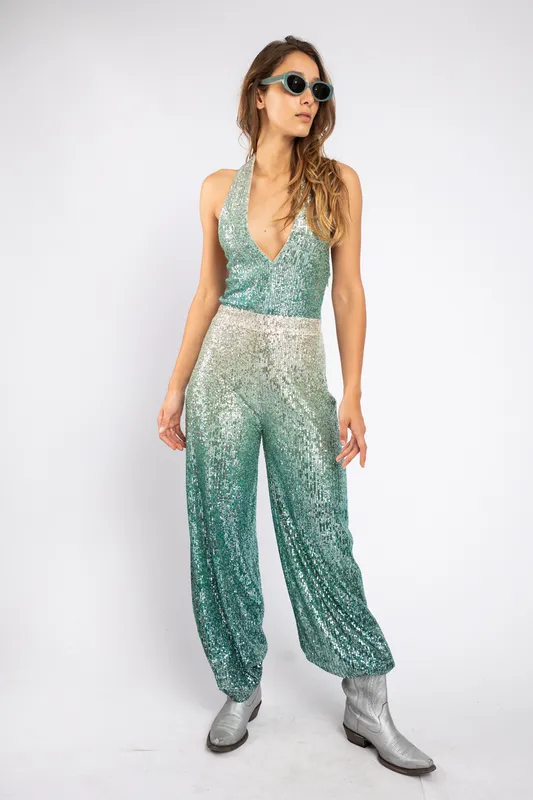 mono largo liujo lentejuelas plateadas y verdes