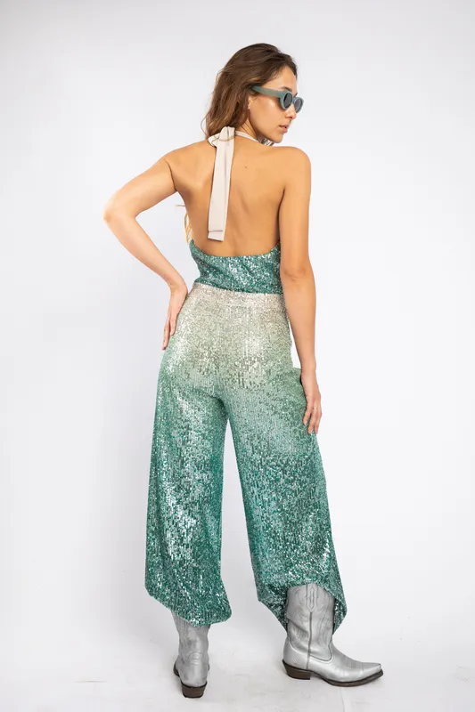 mono largo liujo lentejuelas plateadas y verdes