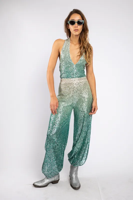 mono largo liujo lentejuelas plateadas y verdes