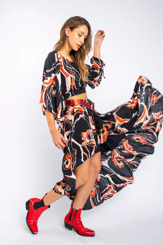 falda asimetrica estampada conjunto free people azul rojo