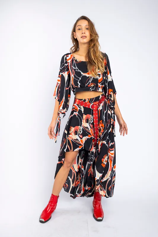 falda asimetrica estampada conjunto free people azul rojo