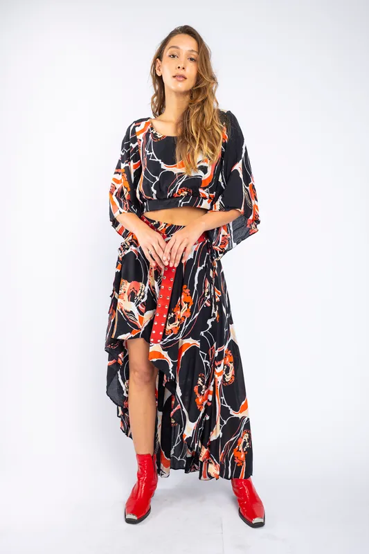 top free people estampado conjunto azul rojo