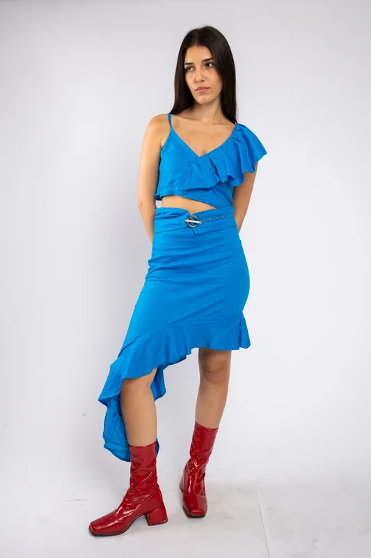 Falda asimetrica vdamiani lino azul CONJUNTO