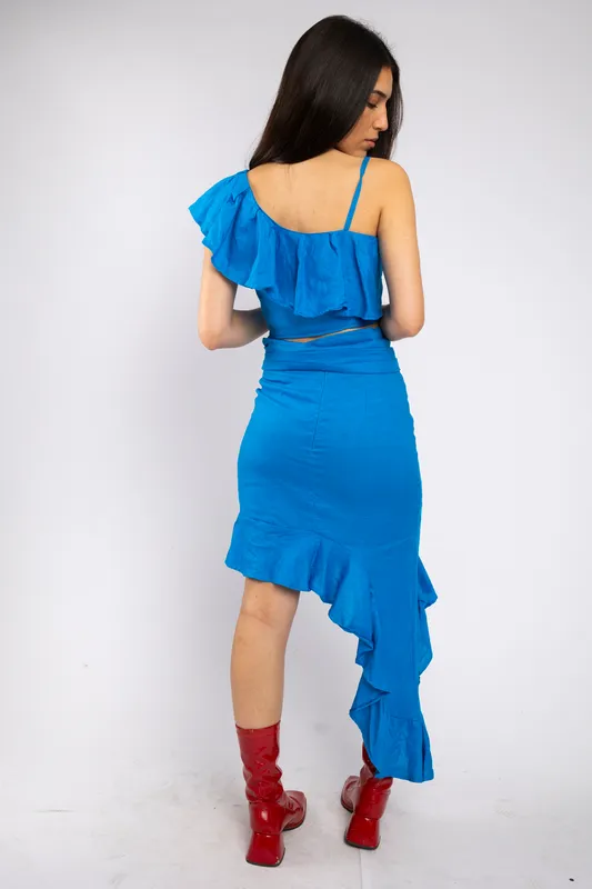 Falda asimetrica vdamiani lino azul CONJUNTO
