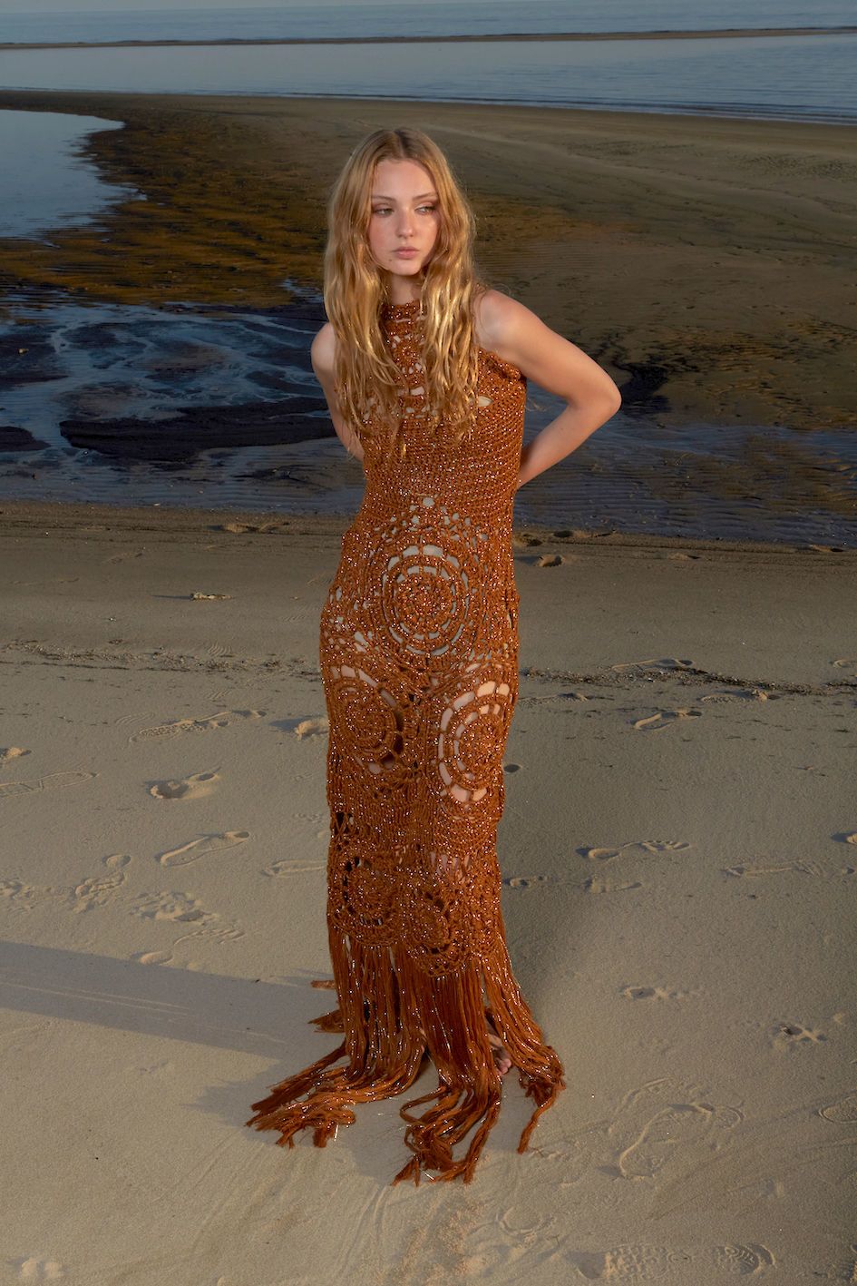 Vestido Tejido Cobre Flecos The Farra