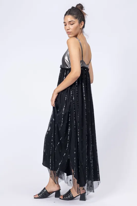 Vestido Rapsodia Tul Negro y lurex plata con lentejuelas