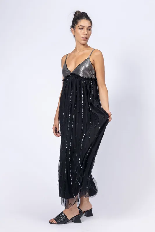 Vestido Rapsodia Tul Negro y lurex plata con lentejuelas