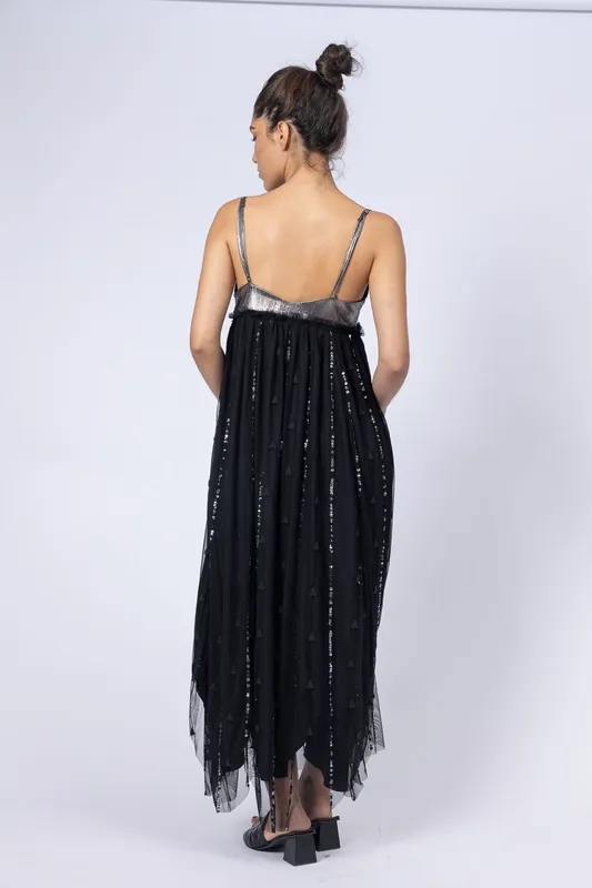 Vestido Rapsodia Tul Negro y lurex plata con lentejuelas