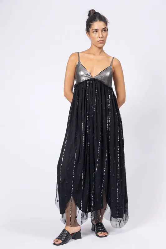 Vestido Rapsodia Tul Negro y lurex plata con lentejuelas