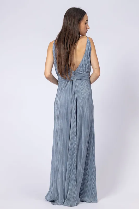 Vestido largo luxxel celeste gris plisado