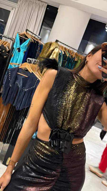 Vestido PLAN be CUT marron plumas