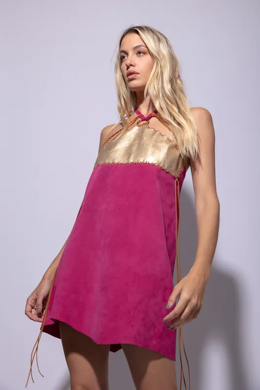 Vestido Cuero Fucsia y Dorado
