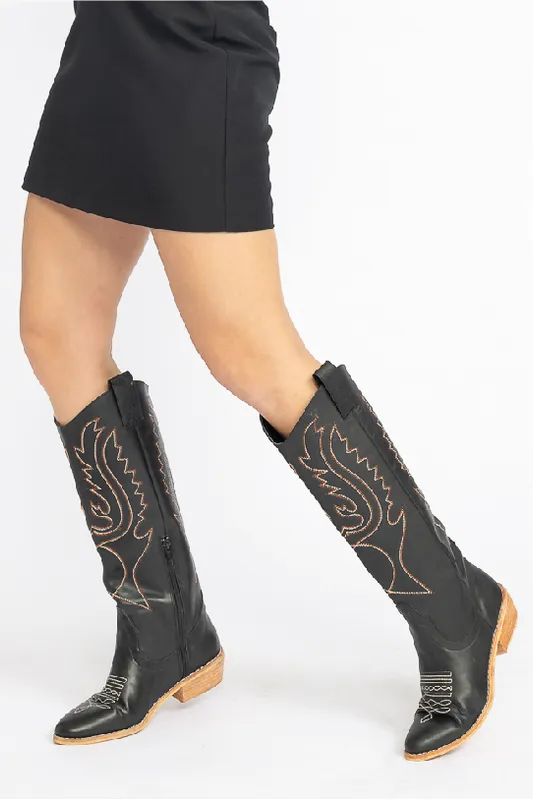 Botas Tejanas Negras con bordados en tonos marrones