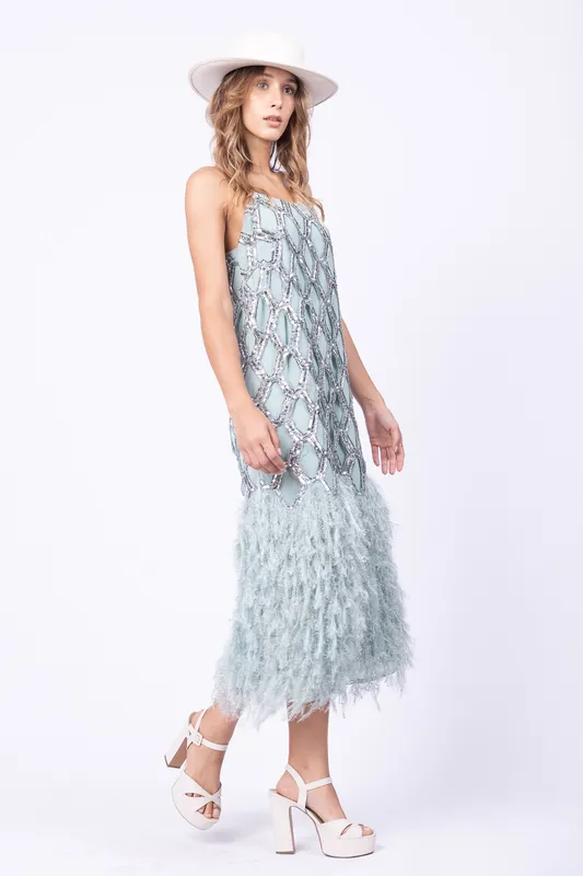 VESTIDO LARGO ASOS CELESTE BORDADO CON PLUMAS