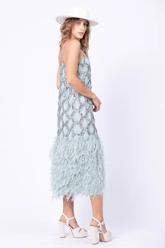 VESTIDO LARGO ASOS CELESTE BORDADO CON PLUMAS