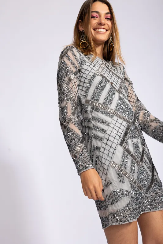 VESTIDO ASOS BORDADO GRIS