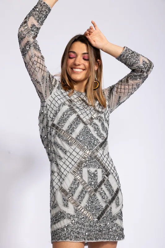 VESTIDO ASOS BORDADO GRIS