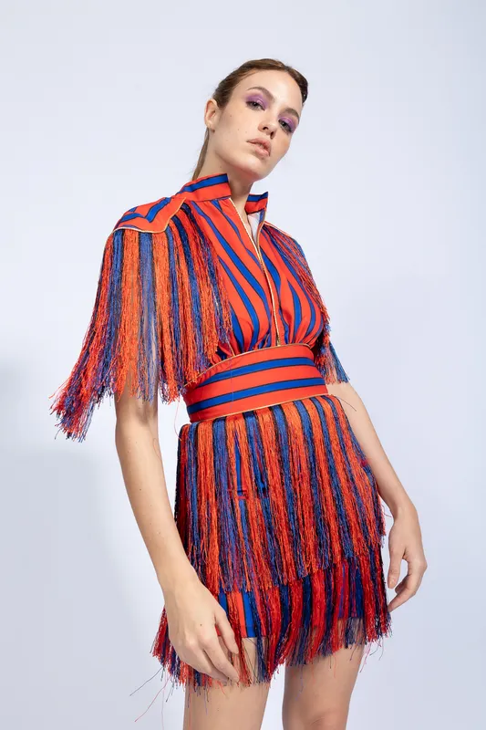 VESTIDO CORTO BONBON RAYADO ROJO Y AZUL