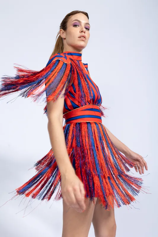 VESTIDO CORTO BONBON RAYADO ROJO Y AZUL