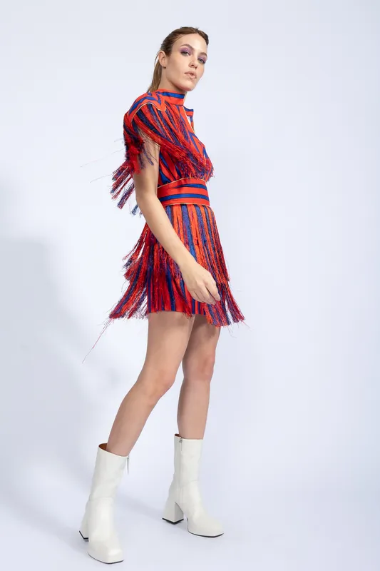 VESTIDO CORTO BONBON RAYADO ROJO Y AZUL