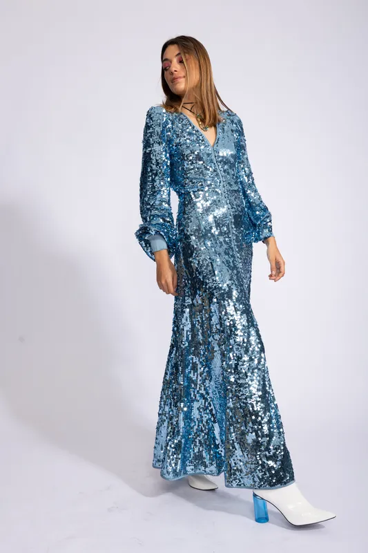 VESTIDO UTERQUE LENTEJUELA CELESTE