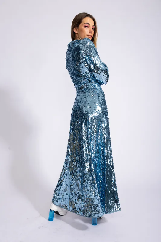 VESTIDO UTERQUE LENTEJUELA CELESTE