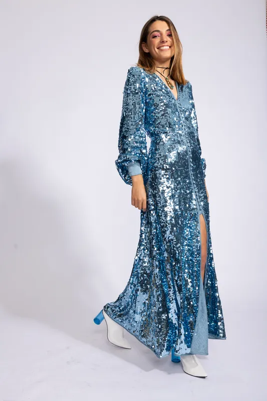 VESTIDO UTERQUE LENTEJUELA CELESTE