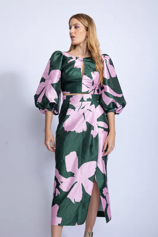 TOP LAAGAM MANGAS BULLON FUCSIA Y VERDE