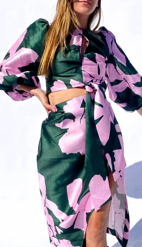 TOP LAAGAM MANGAS BULLON FUCSIA Y VERDE