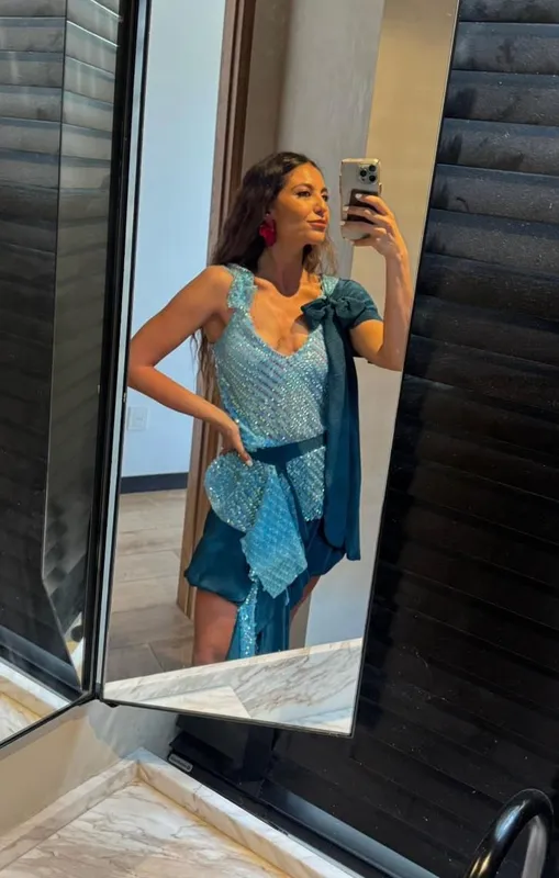 Set caro criado, celeste y petroleo con lentejuelas