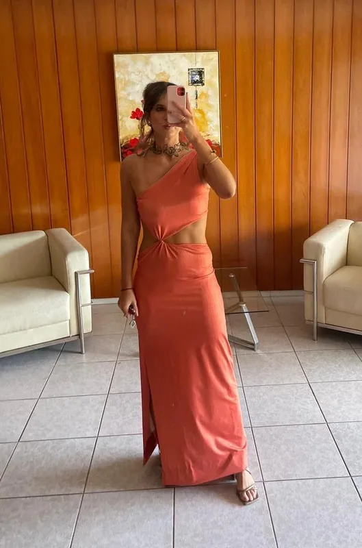 Vestido largo naranja lurex cut