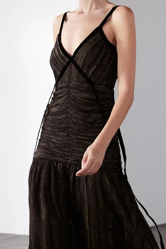 Vestido chocolate lurex tiras velvet negras