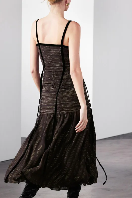 Vestido chocolate lurex tiras velvet negras