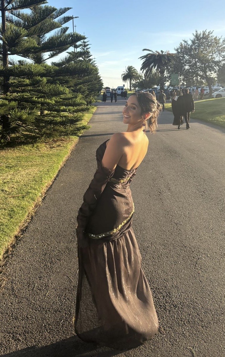 Vestido planbe marron con dorado y mangas