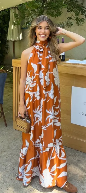 Vestido halter sophie and lucie naranja estampa flores