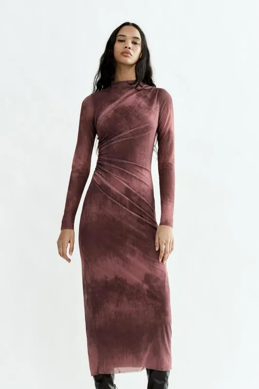 Vestido zara batik rosa viejo, manga larga, frunces