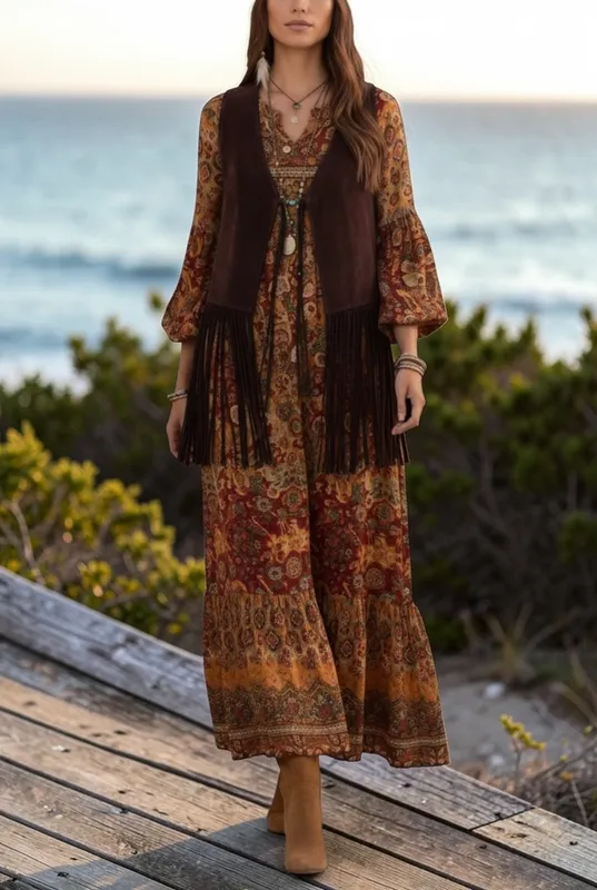 Chaleco milano chocolate con flecos