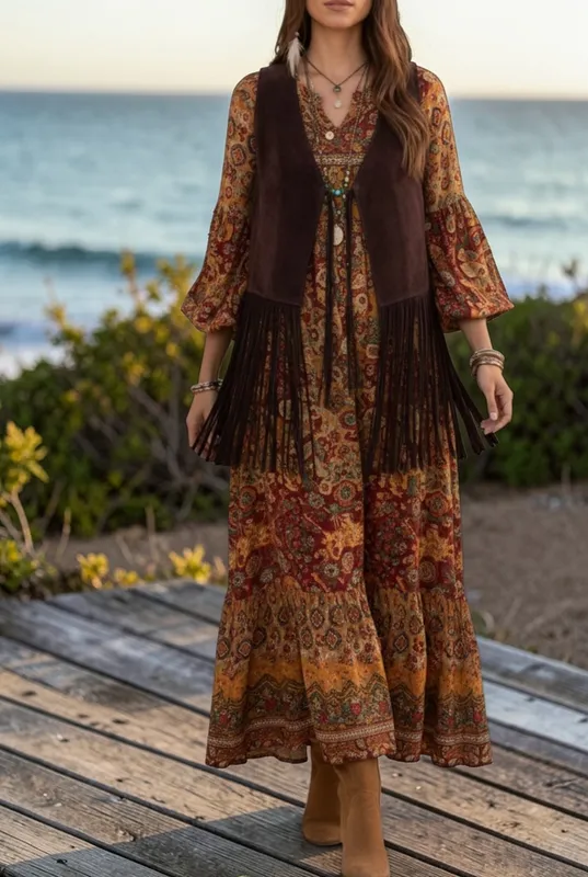 Chaleco milano chocolate con flecos