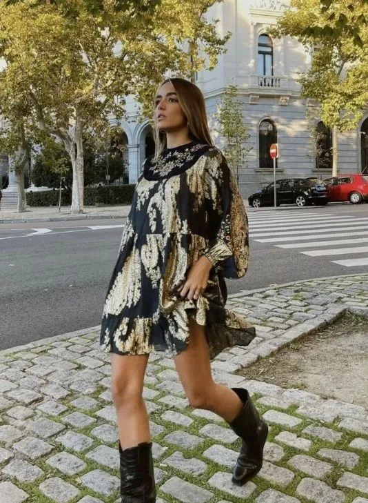 Vestido azul y dorado manga larga 
