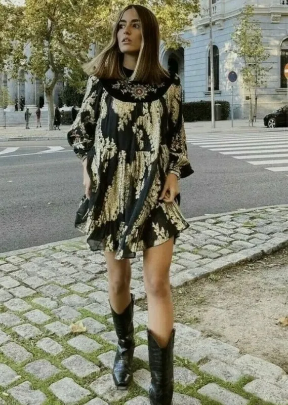 Vestido azul y dorado manga larga 