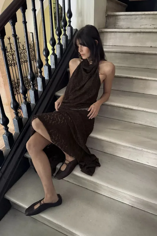 Vestido Halter marron encaje 
