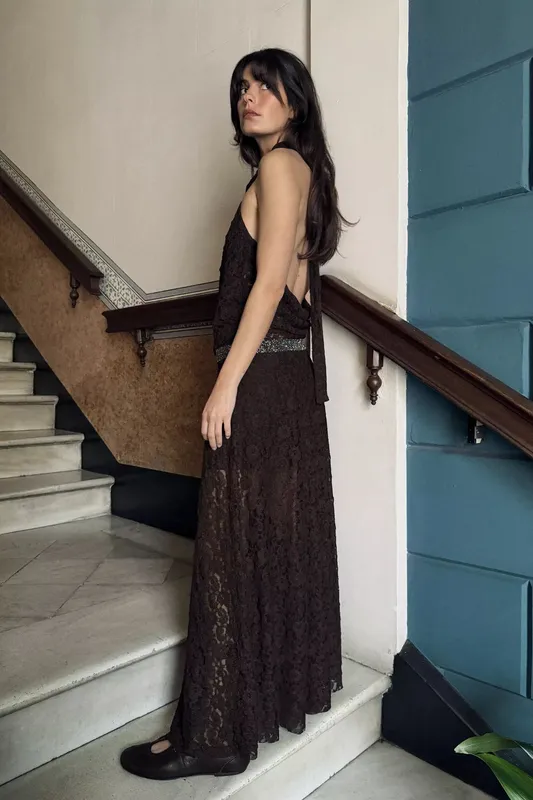 Vestido Halter marron encaje 