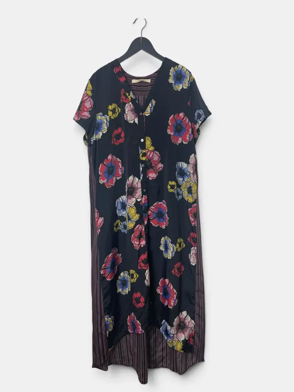 Vestido largo mc camisero estampado flores y rayas rapsodia
